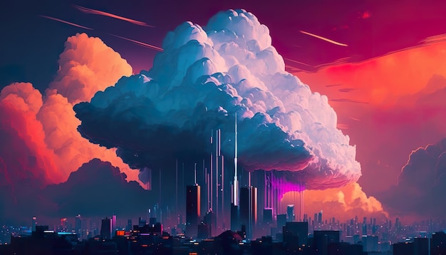 Retro 80s pink landscape sky clouds Creative illustration Ai Generate