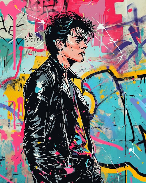 Retro 80s Pop Collage Rock Singer with Graffiti Backdrop