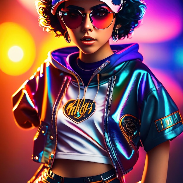 Retro 80s poster with girl in colorful clothes generative ai