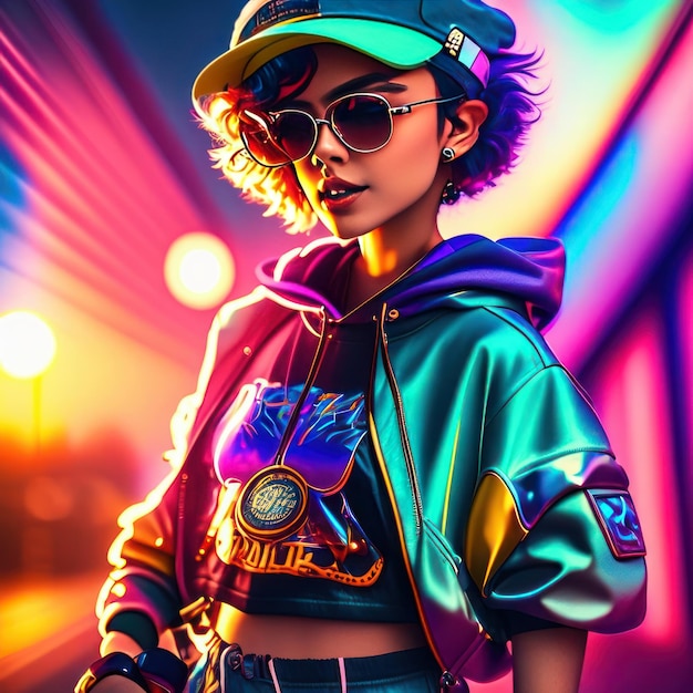 Photo retro 80s poster with girl in colorful clothes generative ai