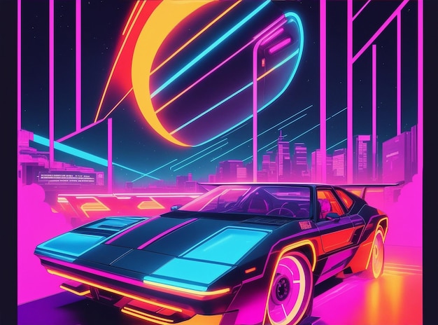 Photo retro 80s scifi futuristic style background with supercar