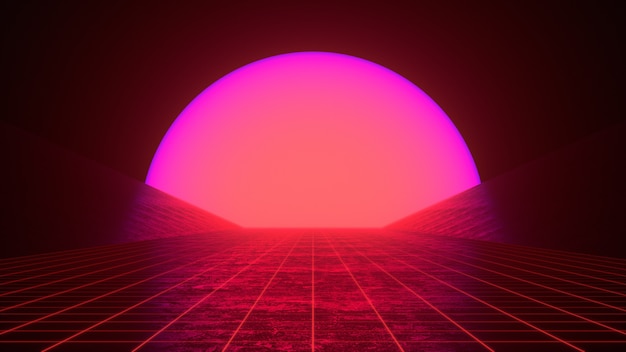 レトロな80年代スタイルの未来的なSynthwaveSunsetの風景で、紫がかった赤いネオンの太陽と遠近法のグリッドがあります。