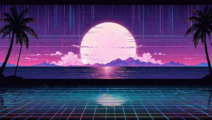 Photo retro 90s vaporwave holographic background with pixel art retro gaming motifs and glitch effects anime style