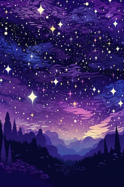 Retro abstract illustration of fantasy stars on dark purple sky AI generative