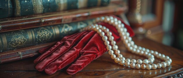 The retro accessories of women including velvet gloves and pearl necklace are displayed on a wooden table