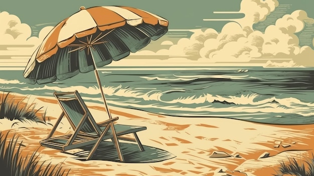 Retro achtergrondgeluid van chaise longue en parasol aan de kust Generatieve AI
