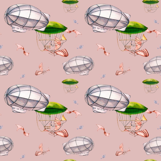 Retro aerostate vintage style watercolor seamless pattern isolated on pink