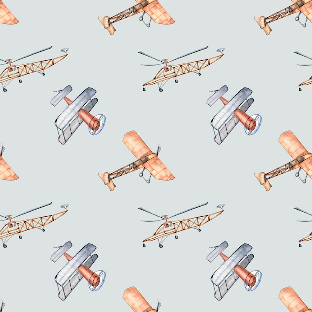 Retro air planes vintage style watercolor illustration seamless pattern isolated