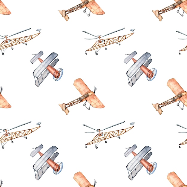 Photo retro air planes vintage style watercolor illustration seamless pattern isolated