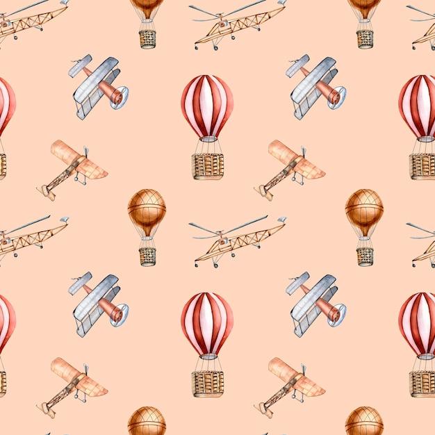 Retro air planes vintage style watercolor seamless pattern isolated on beige