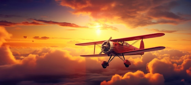 Retro airplane biplane scenic aerial view at sunset skies