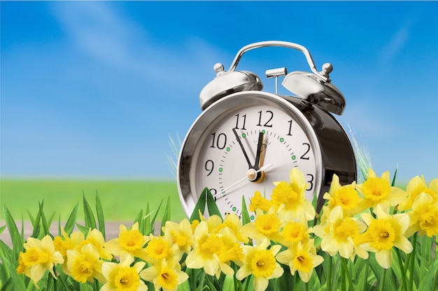 Retro alarm clock on flowers background