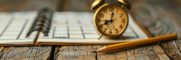 Photo retro alarm clock and planning tools on wooden desk