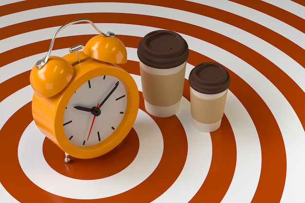 휴식을 위한 대상 배경 시간에 커피 컵과 커피 콩이 있는 복고풍 알람 시계