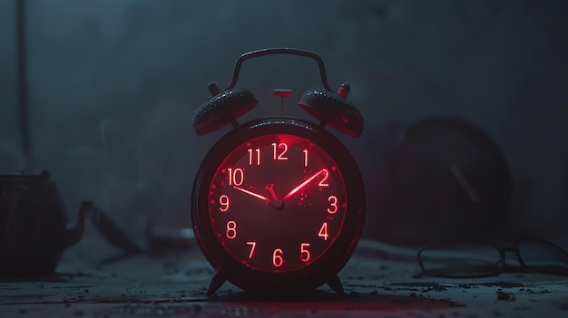 Photo a retro alarm clock with glowing red numbers sits on a wooden table in a dark room the clock is in focus and the background is blurry