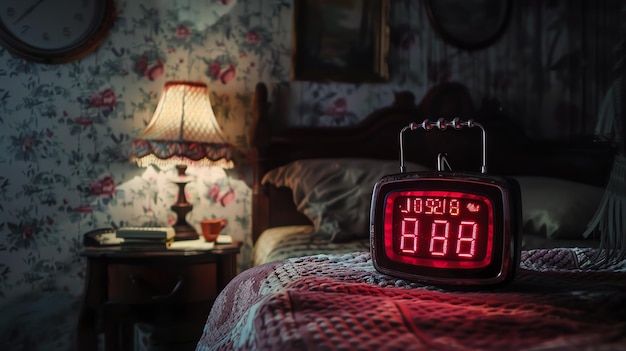 Foto una sveglia retro con un display rosso si trova su un letto in una stanza scarsamente illuminata l'orologio dice 808
