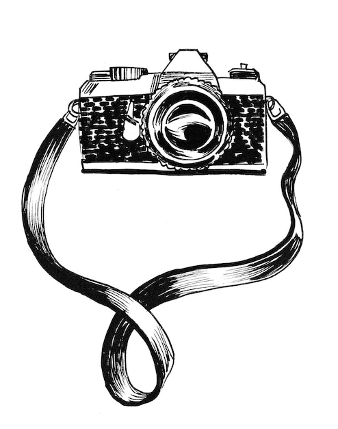 Retro analog camera. Ink black and white drawing