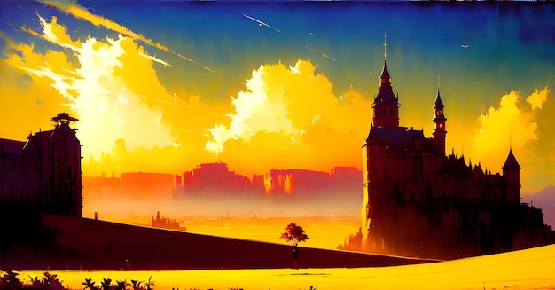 Retro Anime Landscape Digital Painting Wall art Generative AI