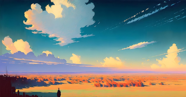 Retro Anime Landscape Digital Painting Wall art Generative AI