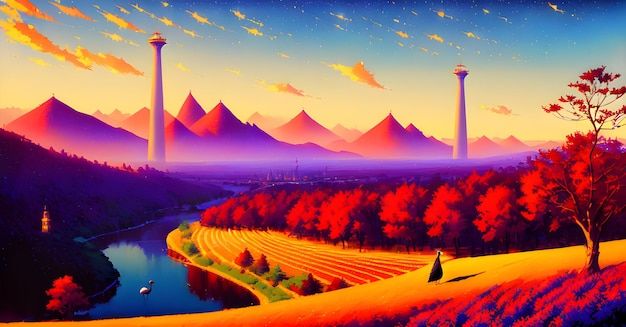 Retro Anime Landscape Digital Painting Wall art Generative AI