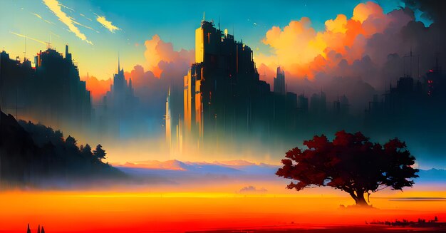 Retro Anime Landschap Digitaal Schilderen Kunst aan de muur Generatieve AI