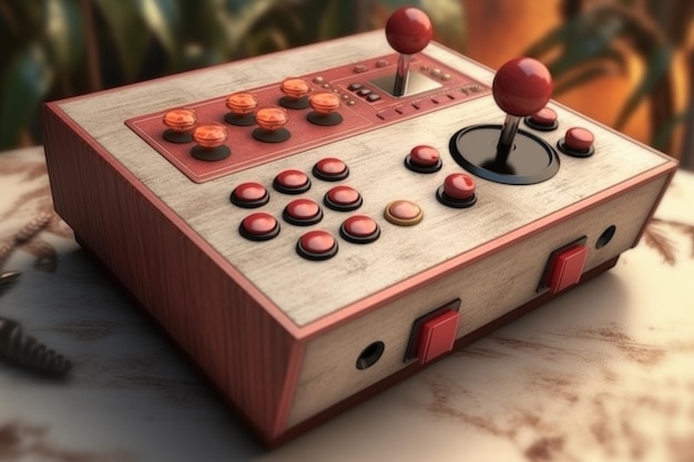 Foto console di gioco arcade retrò con joystick e pulsanti creati con intelligenza artificiale generativa