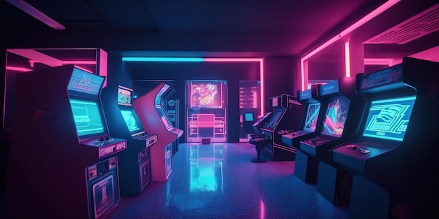 Retro Arcade Machin room Arcade Machin 80년대 분위기의 사이버펑크 컬러 미래 지향적인 신스웨이브 홀