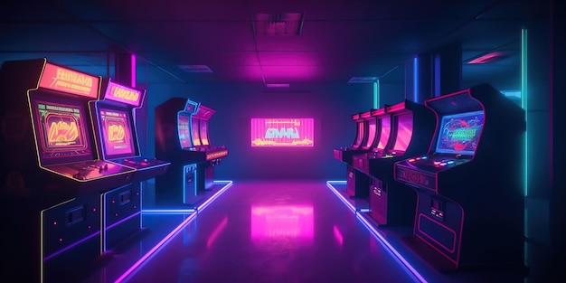 Retro Arcade Machin room a synthwave hall with Arcade Machin 80s vibes cyberpunk colored futuristic