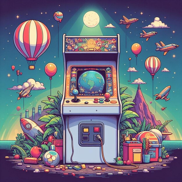 Retro arcade machine gaming illustration