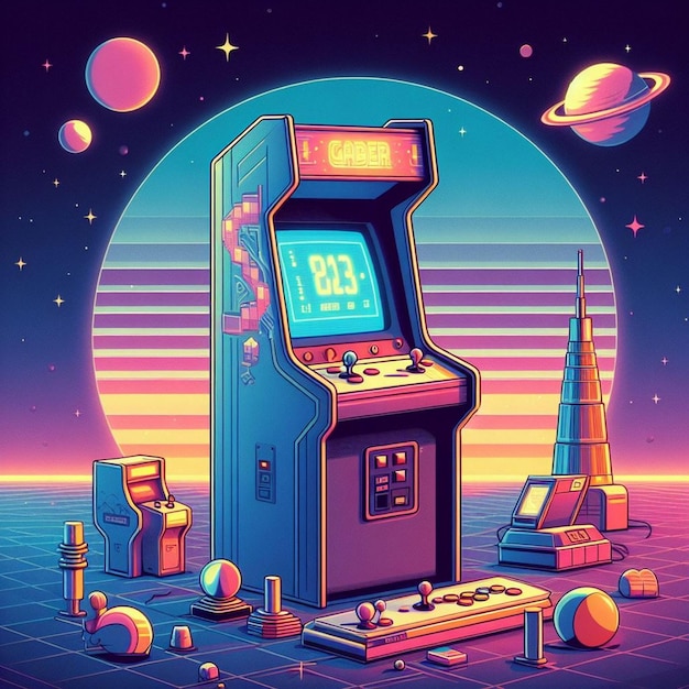 Retro arcade machine gaming illustration