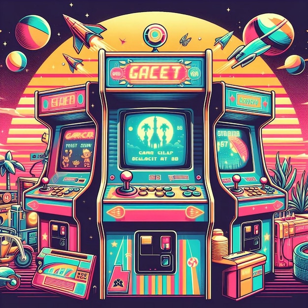 Photo retro arcade machine gaming illustration