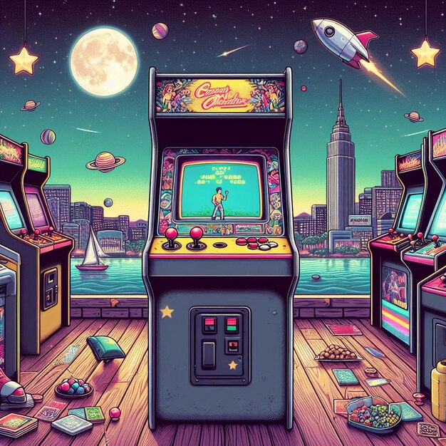 Retro arcade machine gaming illustration