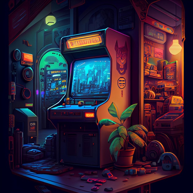 Retro arcade machine gaming illustration