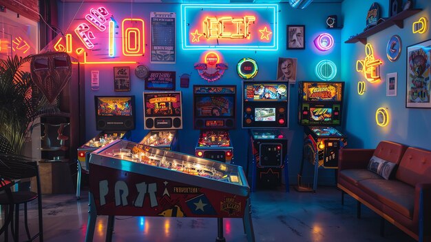 A retro arcade with neon lights and vintage pinball machines The room is dark and with a blue and purple glow
