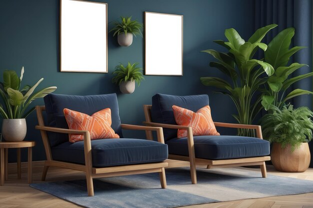 Retro armchairs with wooden frame and colorful pillows on a navy blue sofa