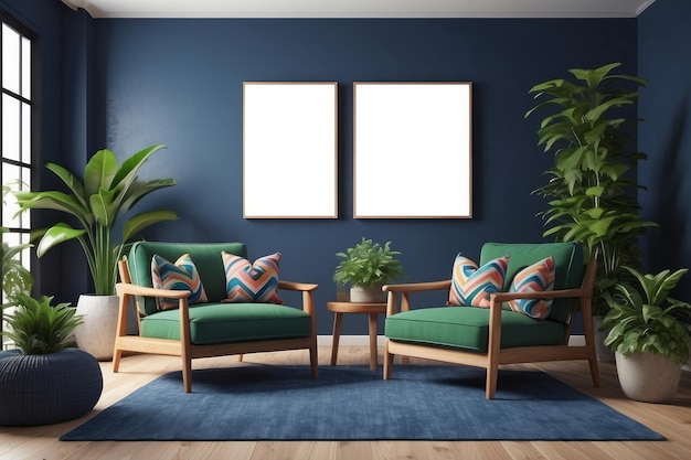 Retro armchairs with wooden frame and colorful pillows on a navy blue sofa