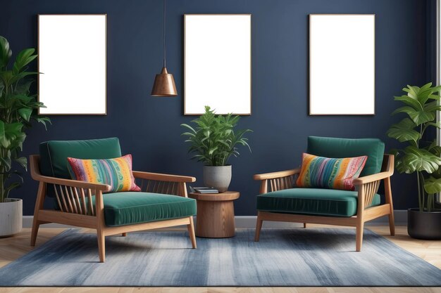 Retro armchairs with wooden frame and colorful pillows on a navy blue sofa