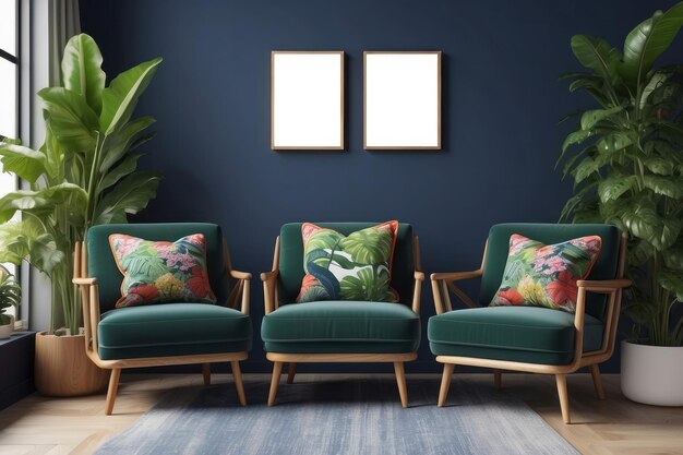 Retro armchairs with wooden frame and colorful pillows on a navy blue sofa