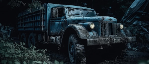 retro Army truck post apocalypse landscape widescreen adondoned poster photo rain greenery night