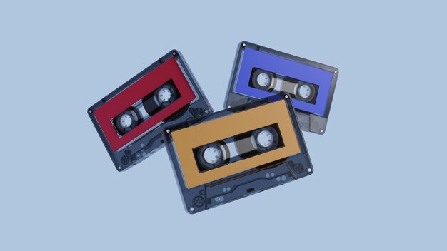 Retro audio cassette 3d rendered illustration 70s 80s 90s years popular audio tape music minimal