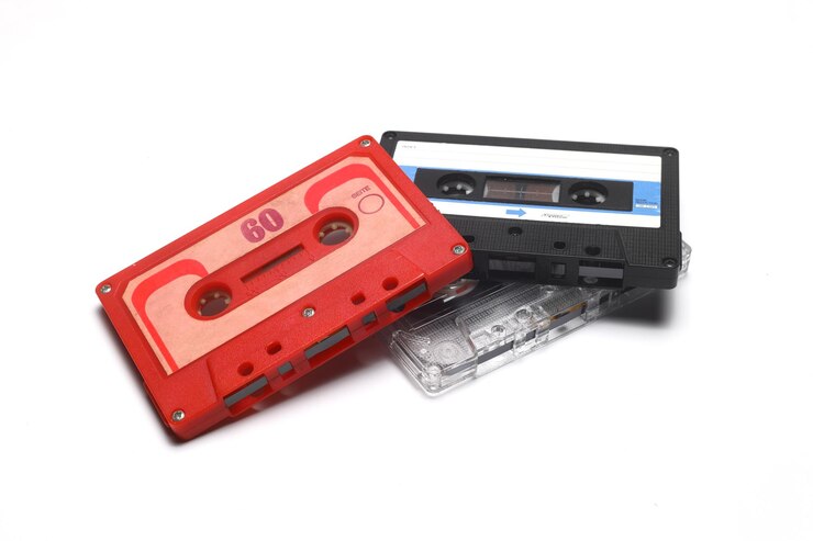 Photo retro audio cassette tape from the 80s and 90s on a white background
