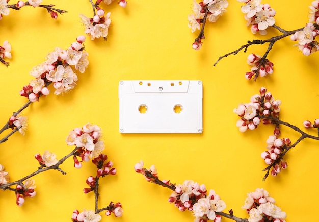 Retro audiocassette met mooie witte bloeiende takken op gele achtergrond Springtime muziekconcept Plat lag bovenaanzicht