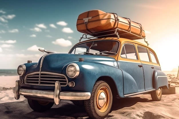 Retro auto met bagage op het dak zomer vakantie road trip concept Generatieve Ai