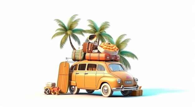 Retro auto met surfplank koffers en palmen Zomervakantie concept