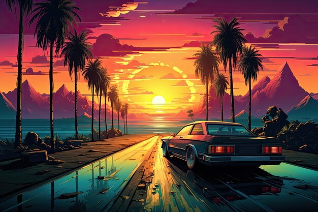 Foto retro auto op de weg bij zonsondergang vector illustratie