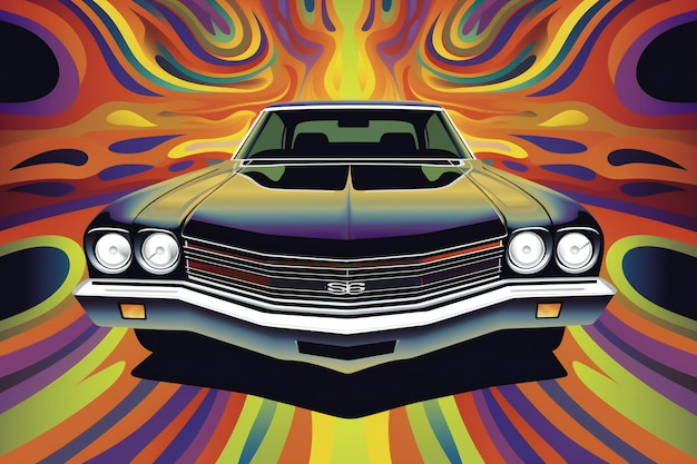 Retro auto op kleurrijke achtergrond Vector illustratie voor uw ontwerp