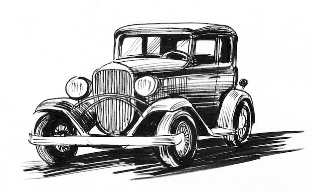 Retro automobile. Ink black and white drawing