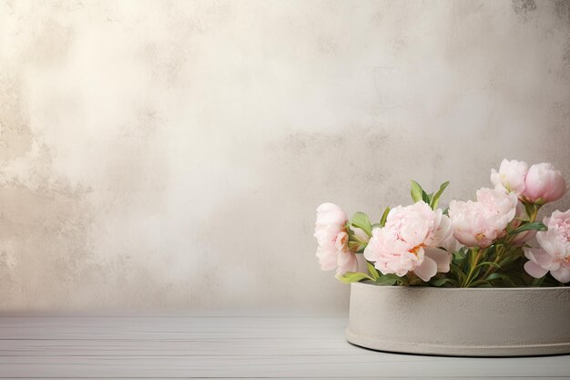 Retro background minimalistic podium with small peonies On the sides Old shabby Wall copy space ar 32 stylize 50 Job ID 6020445ecf1f4724af2fafdf08342599