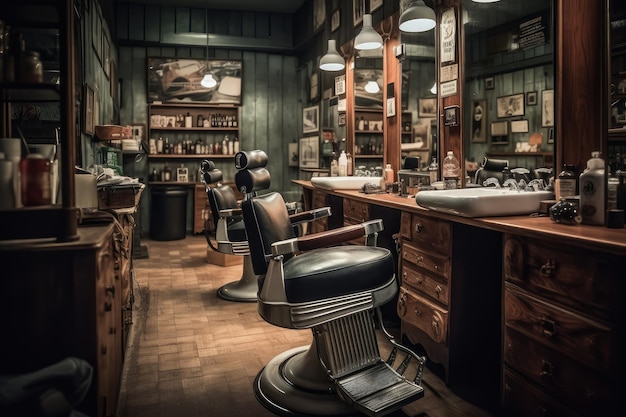 Retro barber shop with skilled barber vintage chairs and stylish mirrors generative IA