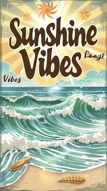 Фото Ретро пляжная открытка с ретро волновой рамой и текстом sunsh иллюстрация винтажная открытка декоративная